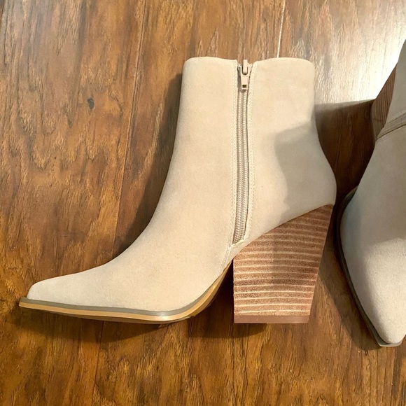 Womens Beige Suede Ankle Booties with Block Heel - Picture 3 of 7